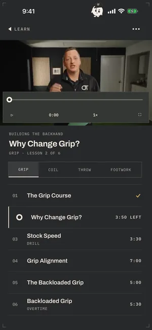 The app’s Learn screen: a Building the Backhand lesson video above the lessons of the Grip part