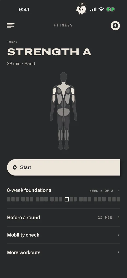 The Fitness screen: today's workout Strength A, 28 minutes with a band, week 5 of 8 of an eight-week plan, and more workouts below.