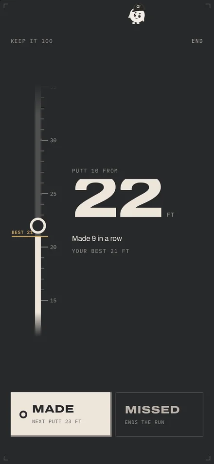 Keep It 100, a live run: putt 10 from 22 feet, made 9 in a row, with Made and Missed buttons.