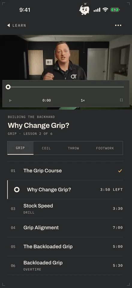 The Learn screen: Josh teaching "Why Change Grip?", lesson 2 of the Grip part of Building the Backhand, with the lesson list below.
