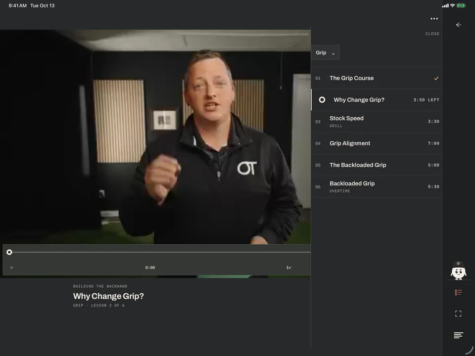 The Learn screen on an iPad, landscape: Josh teaching "Why Change Grip?" with the lesson list beside the video.