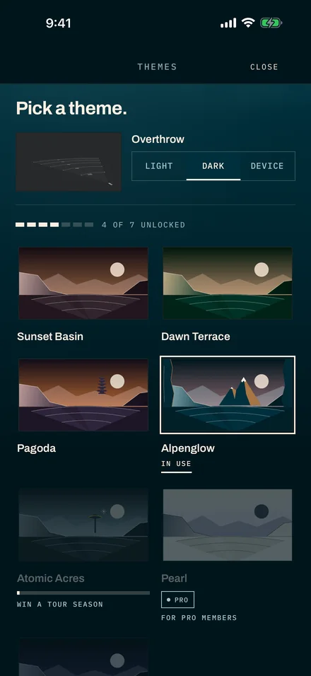 The theme picker: Overthrow in light, dark or match the phone, and the landscape themes.