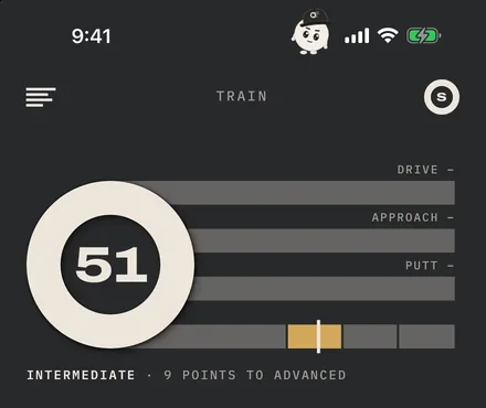 The Train screen: a score of 51 out of 100 in a ring, bars for drives, approaches and putts, and the line Intermediate, 9 points to advanced.
